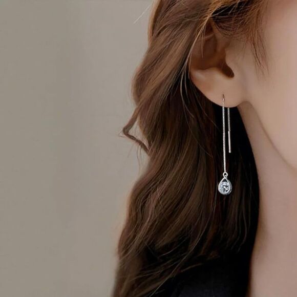 Gold 925 Sterling Silver Threader Earrings CZ Droplet Chain Dangle Earrings - Picture 3 of 5